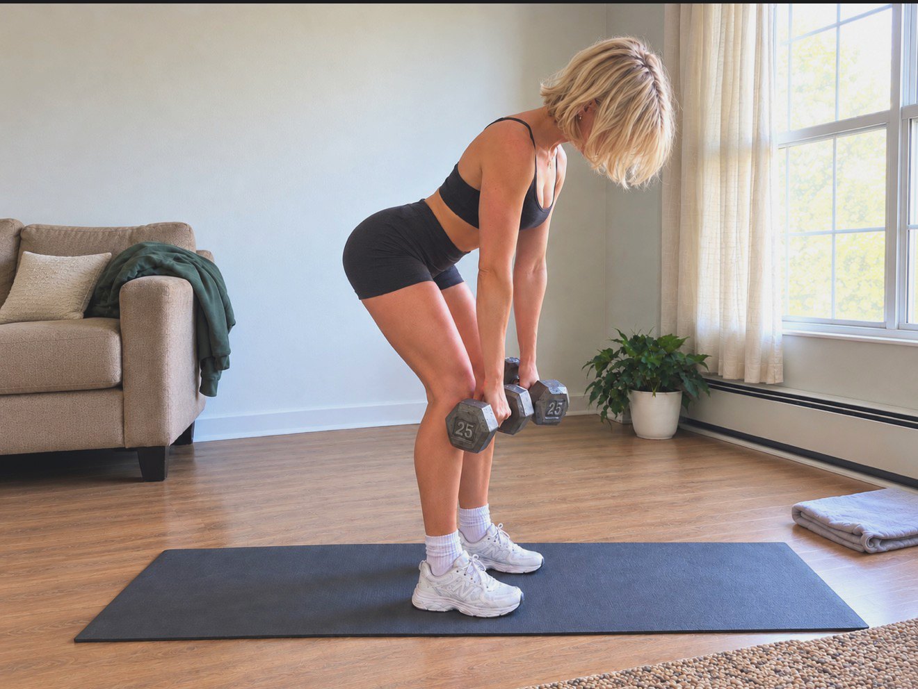 greta, founder of sculptiv, at the bottom of a romanian deadlift with two 25 lb dumbbells in her living room.