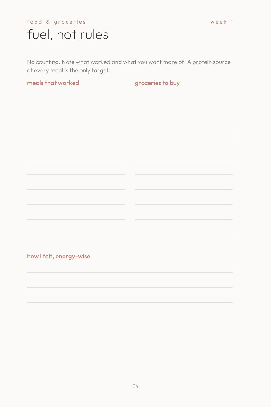 The food and groceries page: fuel, not rules