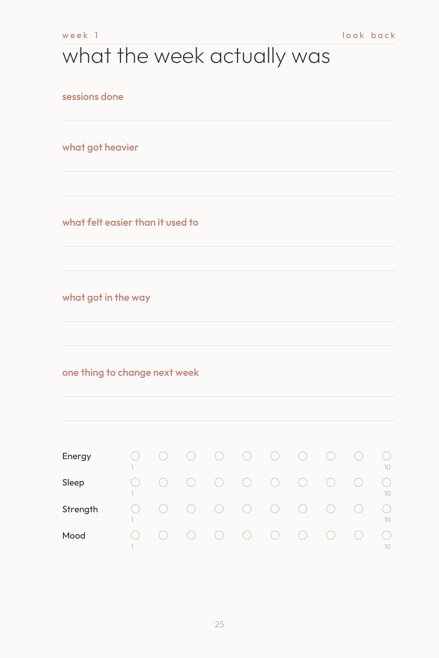 The weekly look-back page with 1 to 10 lines for energy, sleep, strength and mood